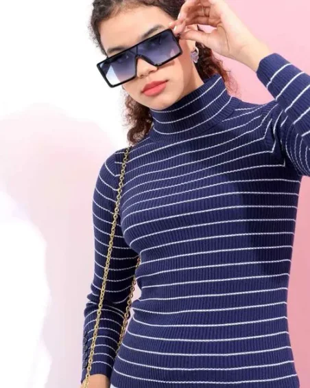Women Striped Turtle Neck Sweater