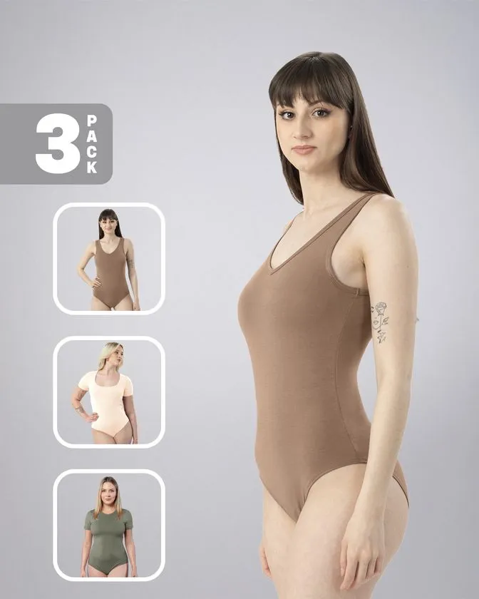 Leafletic Women's Short Sleeve Bodysuit 3 Pcs Pack
