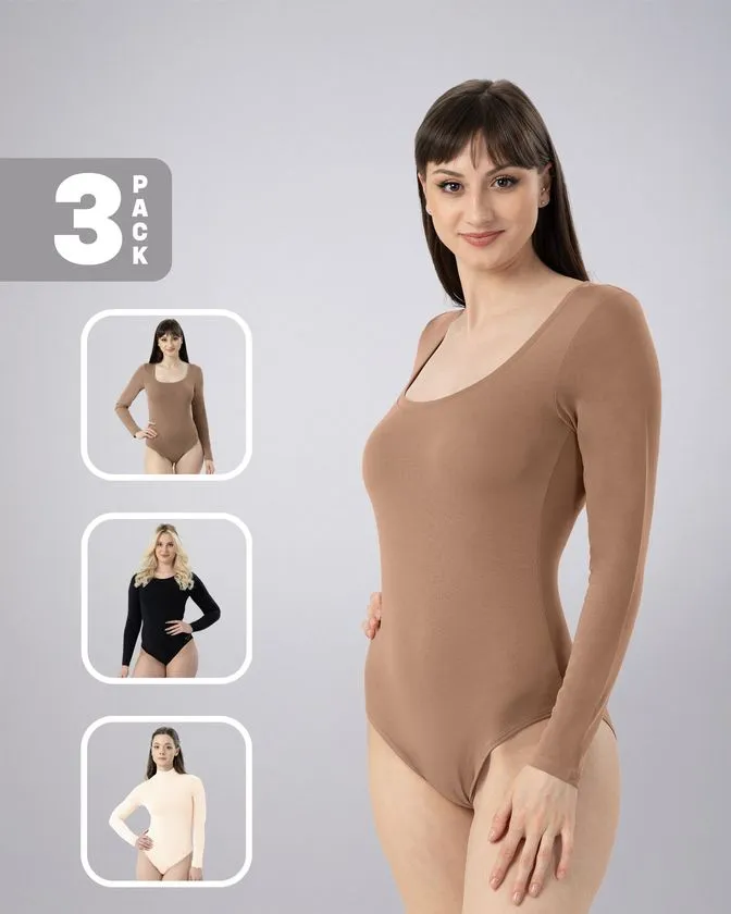 Leafletic Women's Long Sleeve Bodysuit 3 Pcs Pack