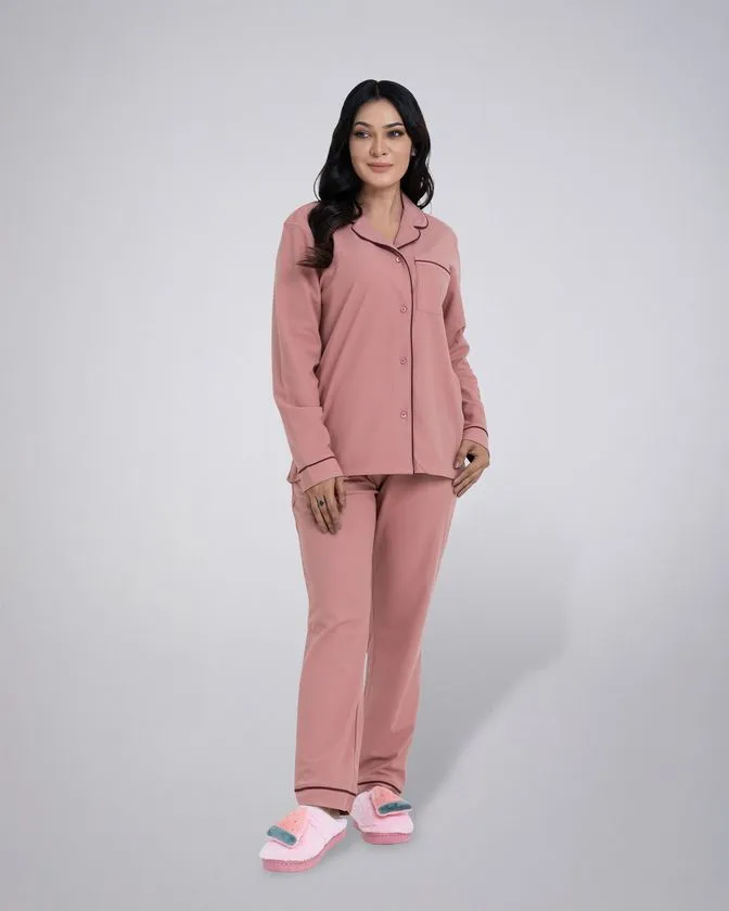 Women’s Notched Collar Poly Brush Nightwear Pajama Set