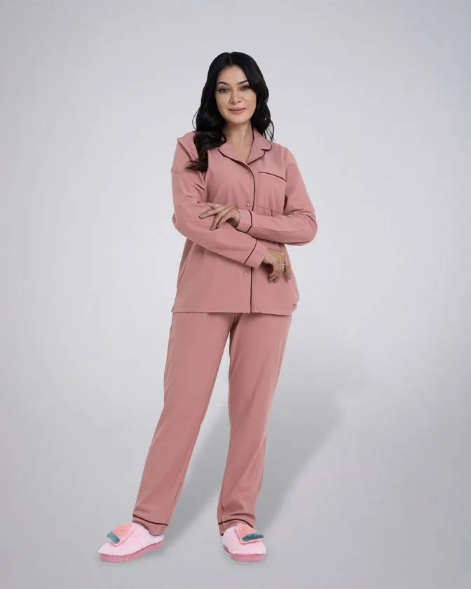 Women’s Notched Collar Poly Brush Nightwear Pajama Set