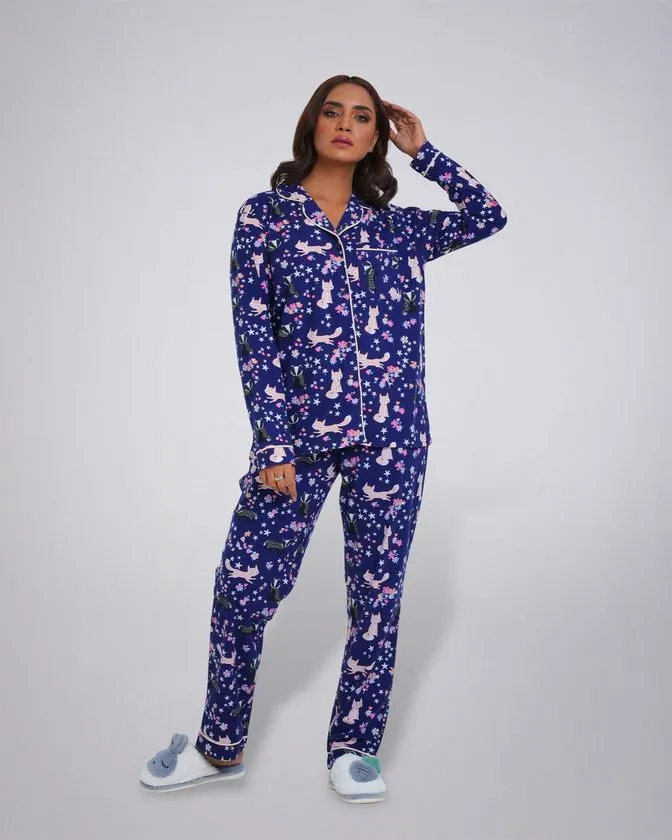 Women’s Notched Collar Nightwear Long Pajama Set