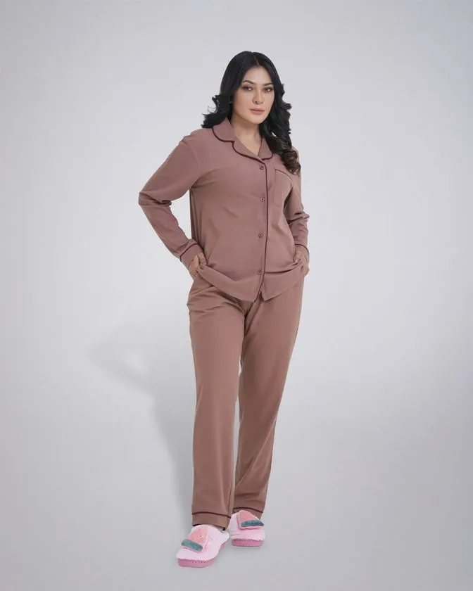 Women’s Notched Collar Poly Brush Nightwear Set