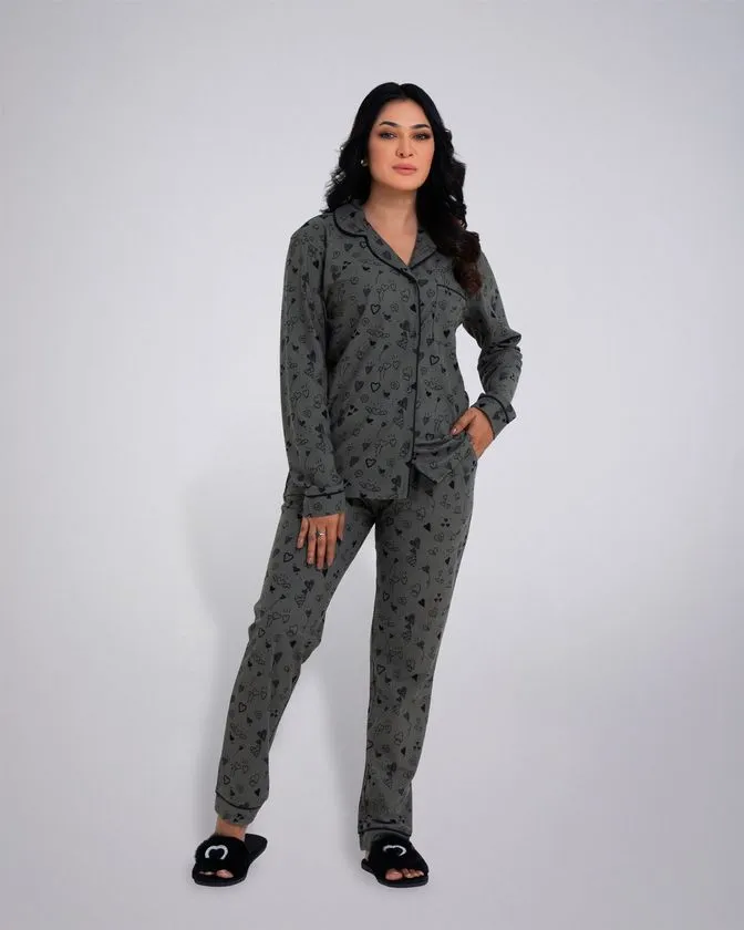 Women’s Notched Collar Top-Bottom Printed Nightwear Set