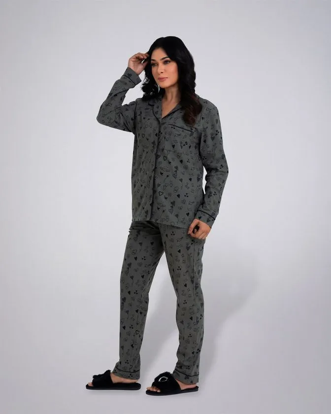 Women’s Notched Collar Top-Bottom Printed Nightwear Set