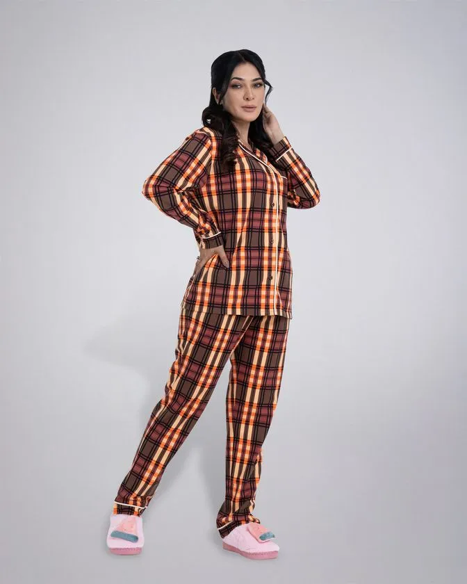 Women’s Notched Collar Poly Brush Check Nightwear Set