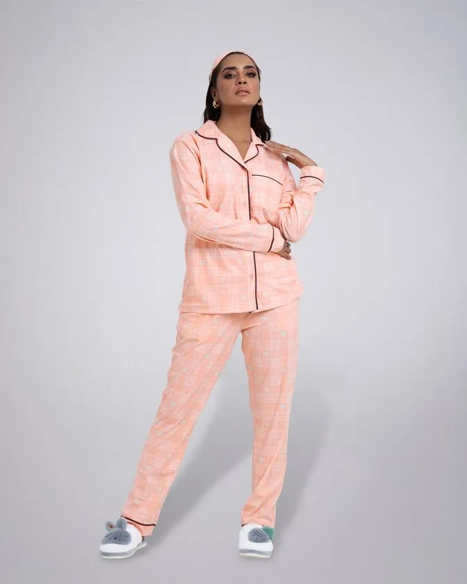 Women’s Notched Collar Check Nightwear Pajama Set
