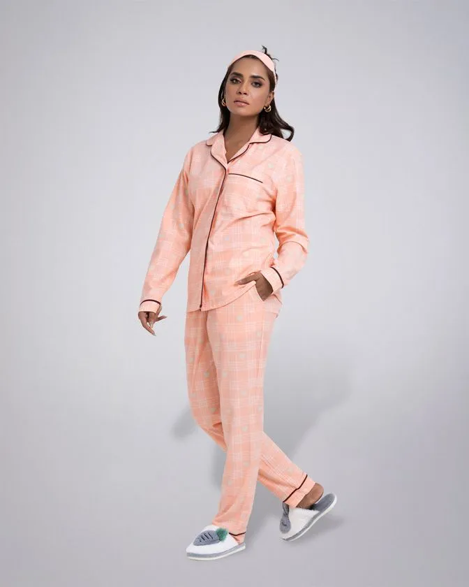 Women’s Notched Collar Check Nightwear Pajama Set