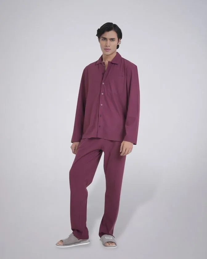 Men’s Notched Collar Peach Finish Nightwear Pj Set