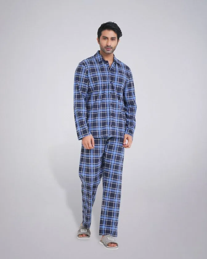 Men’s Notched Collar Nightwear Check Pajama Set