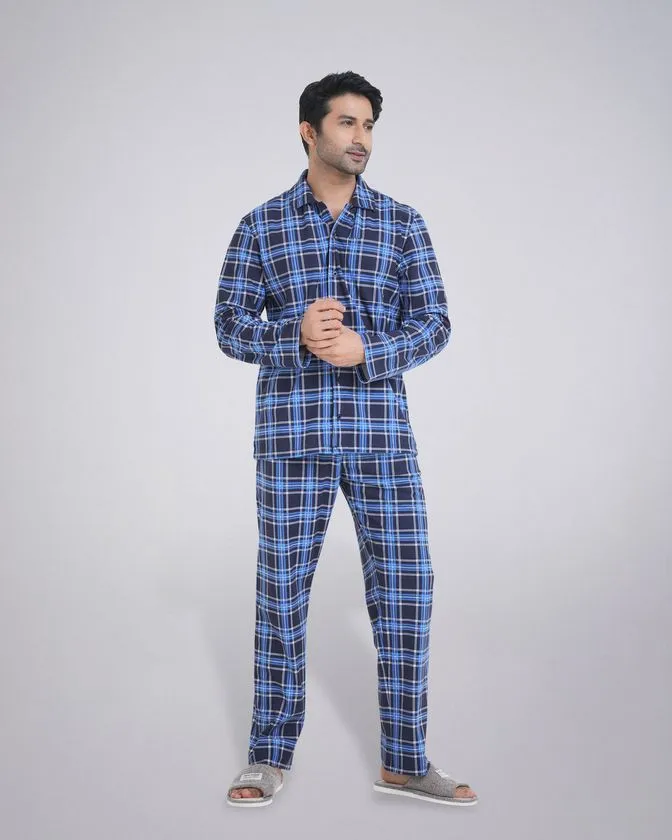 Men’s Notched Collar Nightwear Check Pajama Set