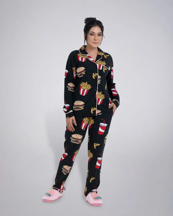 Women’s Notched Collar Printed Nightwear Pajama Set