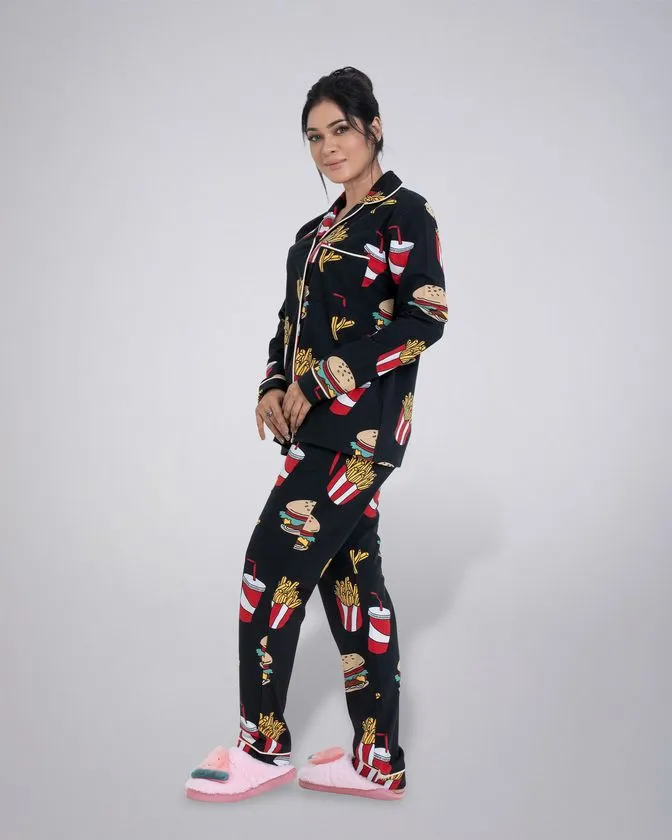 Women’s Notched Collar Printed Nightwear Pajama Set