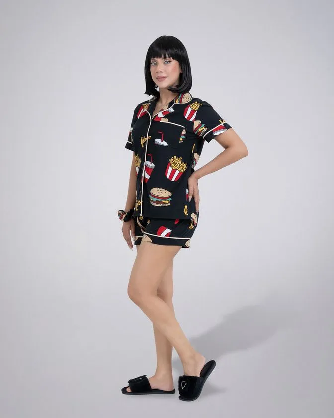 Women’s Notched Collar Printed Nightwear Set
