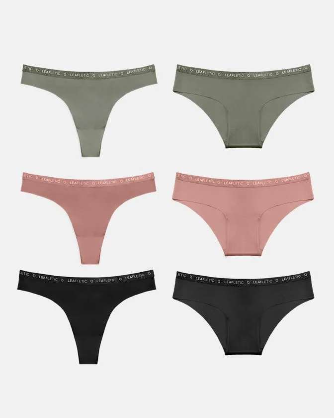 Leafletic 6 Pcs Pack Mid-Rise Nylon Hipsters & Brazilian Underwear