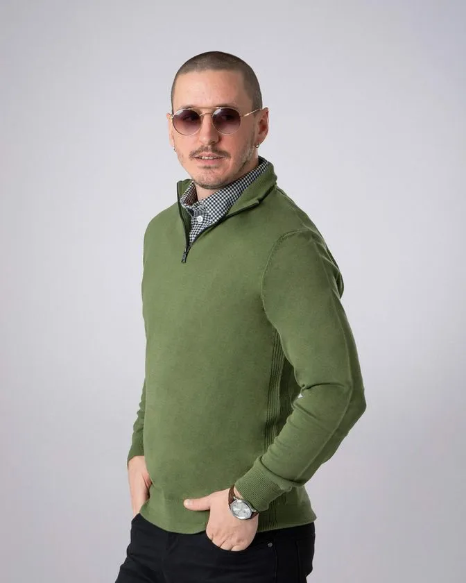 Men's Green Mock Shirt Zip Sweater 