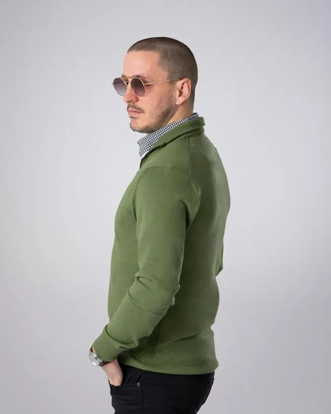 Men's Green Mock Shirt Zip Sweater 