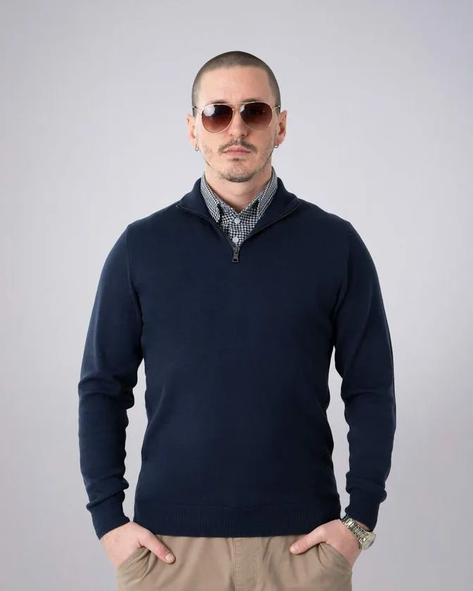 Men's Navy Mock Shirt Zip Sweater 