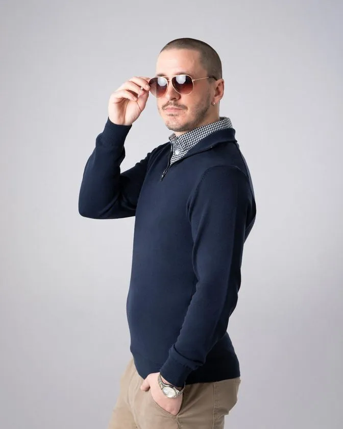Men's Navy Mock Shirt Zip Sweater 