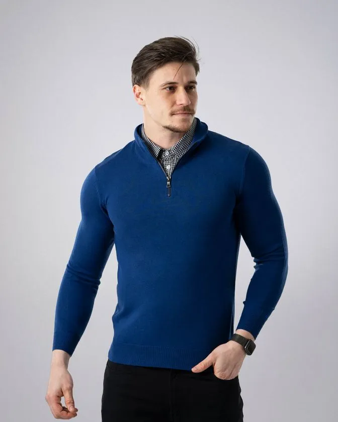 Men's Royal Blue Mock Shirt Zip Sweater 