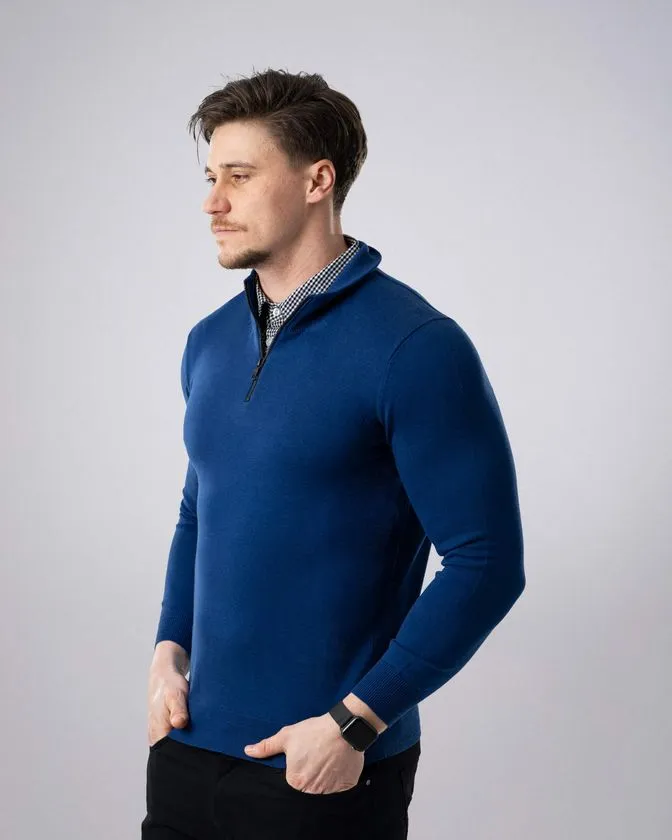 Men's Royal Blue Mock Shirt Zip Sweater 