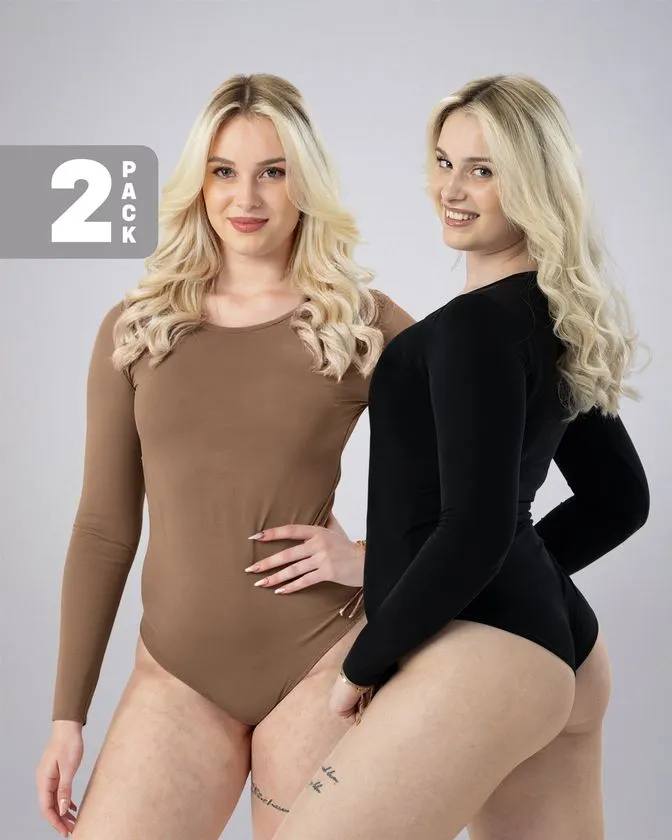 Leafletic Ladies Long Sleeve Crew Neck Bodysuit 2 Pcs Pack Combo