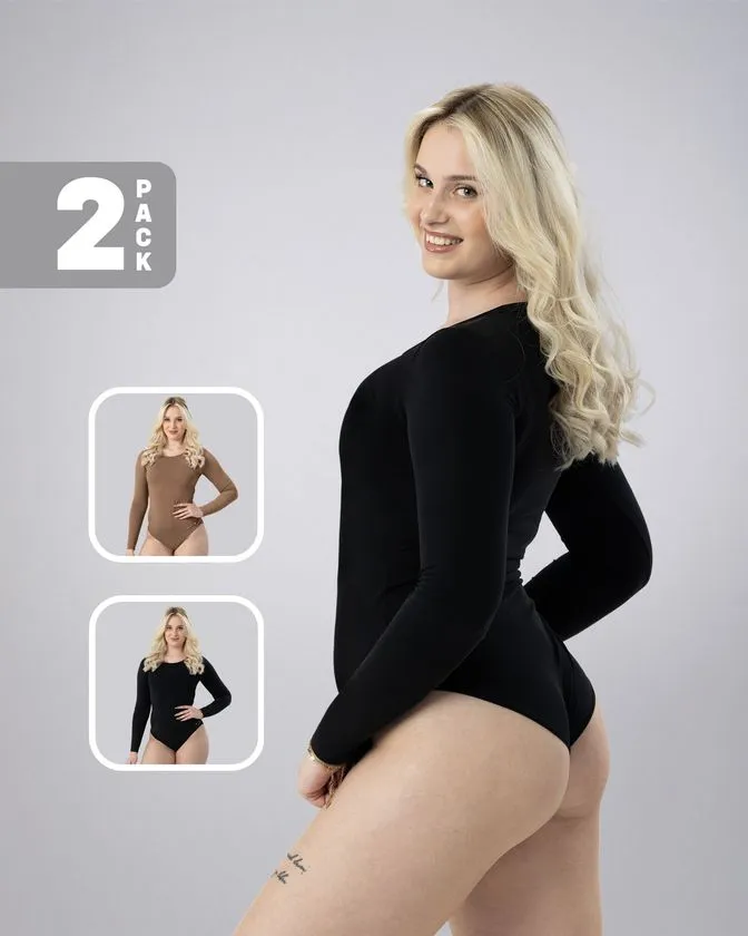 Leafletic Ladies Long Sleeve Crew Neck Bodysuit 2 Pcs Pack Combo