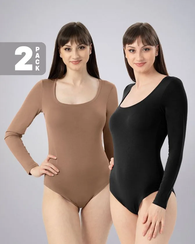 Leafletic Ladies Long Sleeve U-Neck Bodysuit 2 Pcs Pack Combo