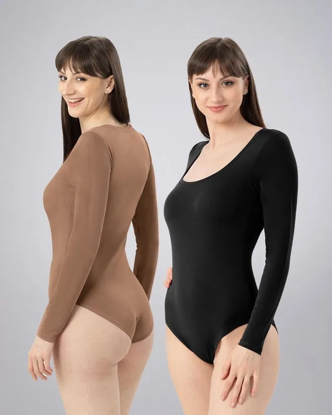 Leafletic Ladies Long Sleeve U-Neck Bodysuit 2 Pcs Pack Combo