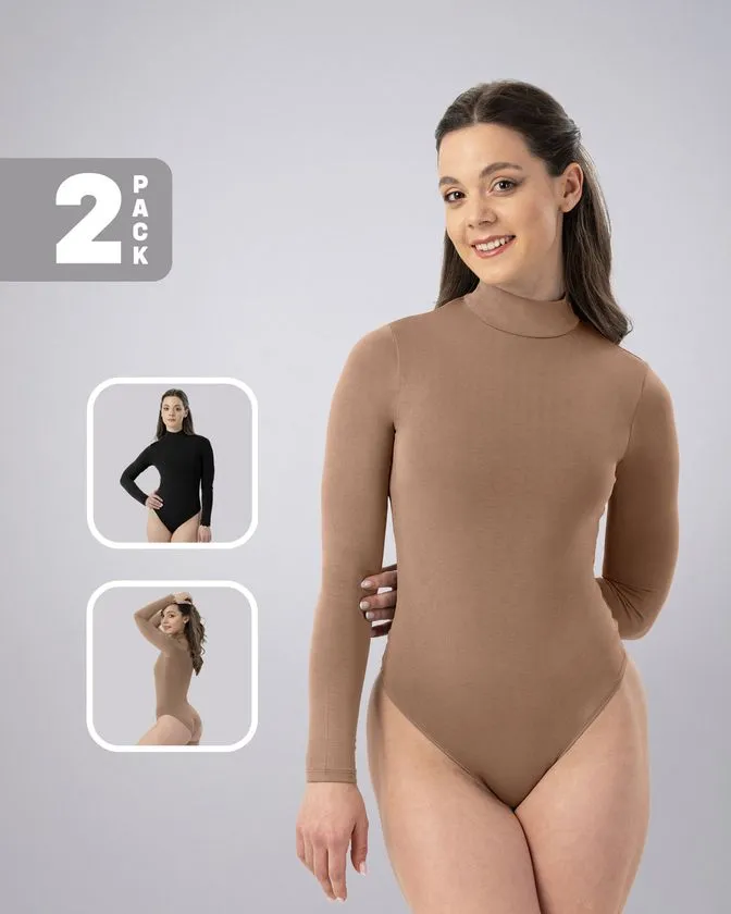 Leafletic Ladies Long Sleeve High-Neck Bodysuit 2 Pcs Pack Combo