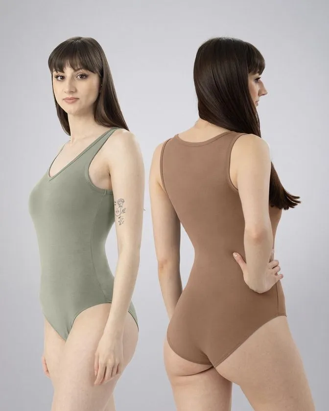Leafletic Ladies Short Sleeve V-Neck Bodysuit 2 Pcs Pack Combo